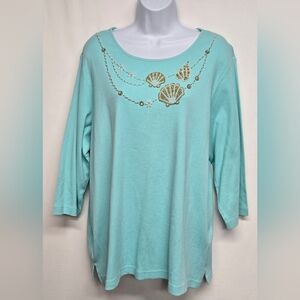 The Quacker Factory 1X Top Pullover Knit 3/4 Sleeve Beaded Front Scoop Neck New